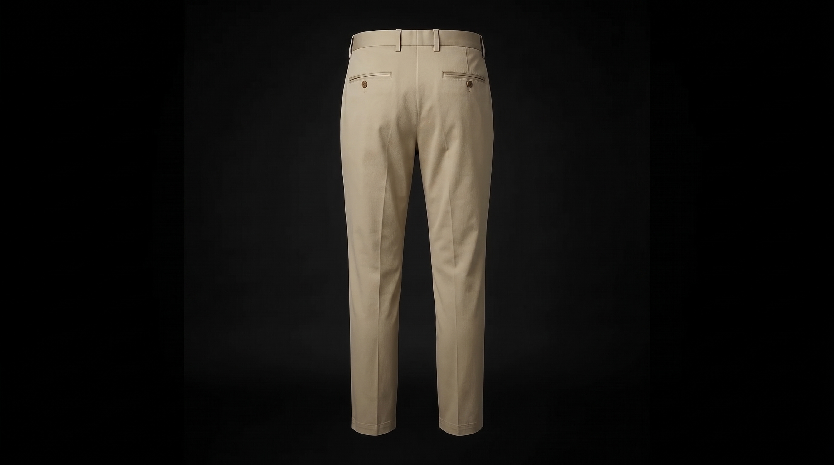 Back view of the same chino; welt back pockets
