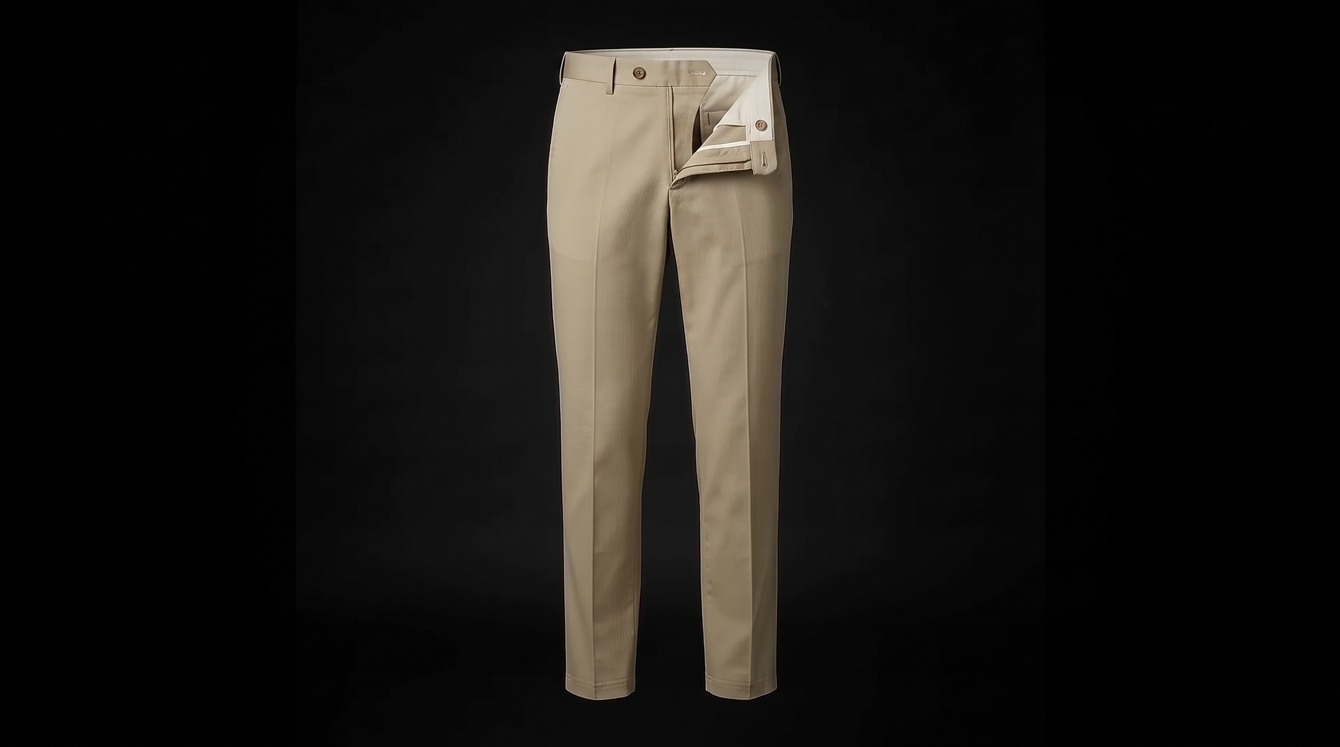 The beige classic chino unbuttons and the fly folds out, showing the ecru pocket bag
