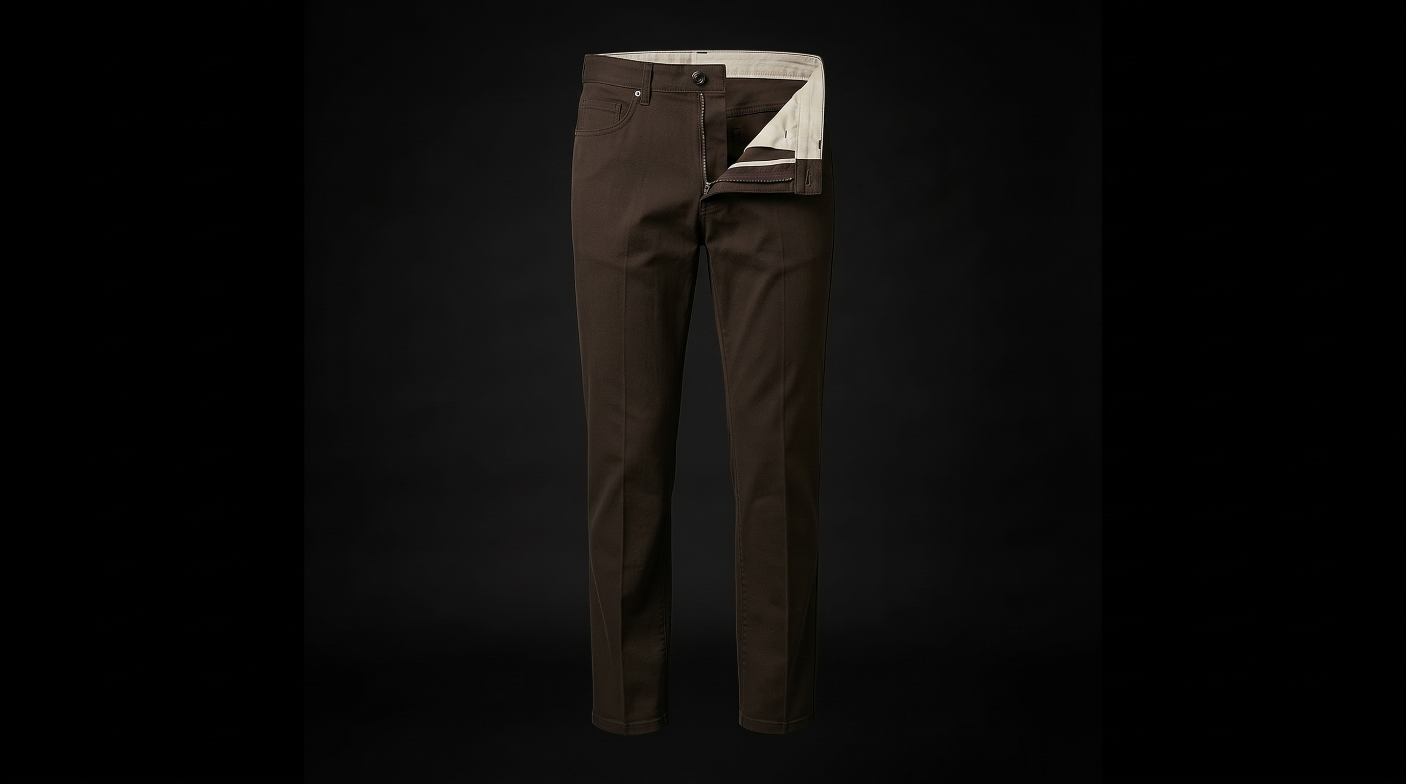 The brown five-pocket chino unbuttons and the fly folds out, showing the ecru pocket bag