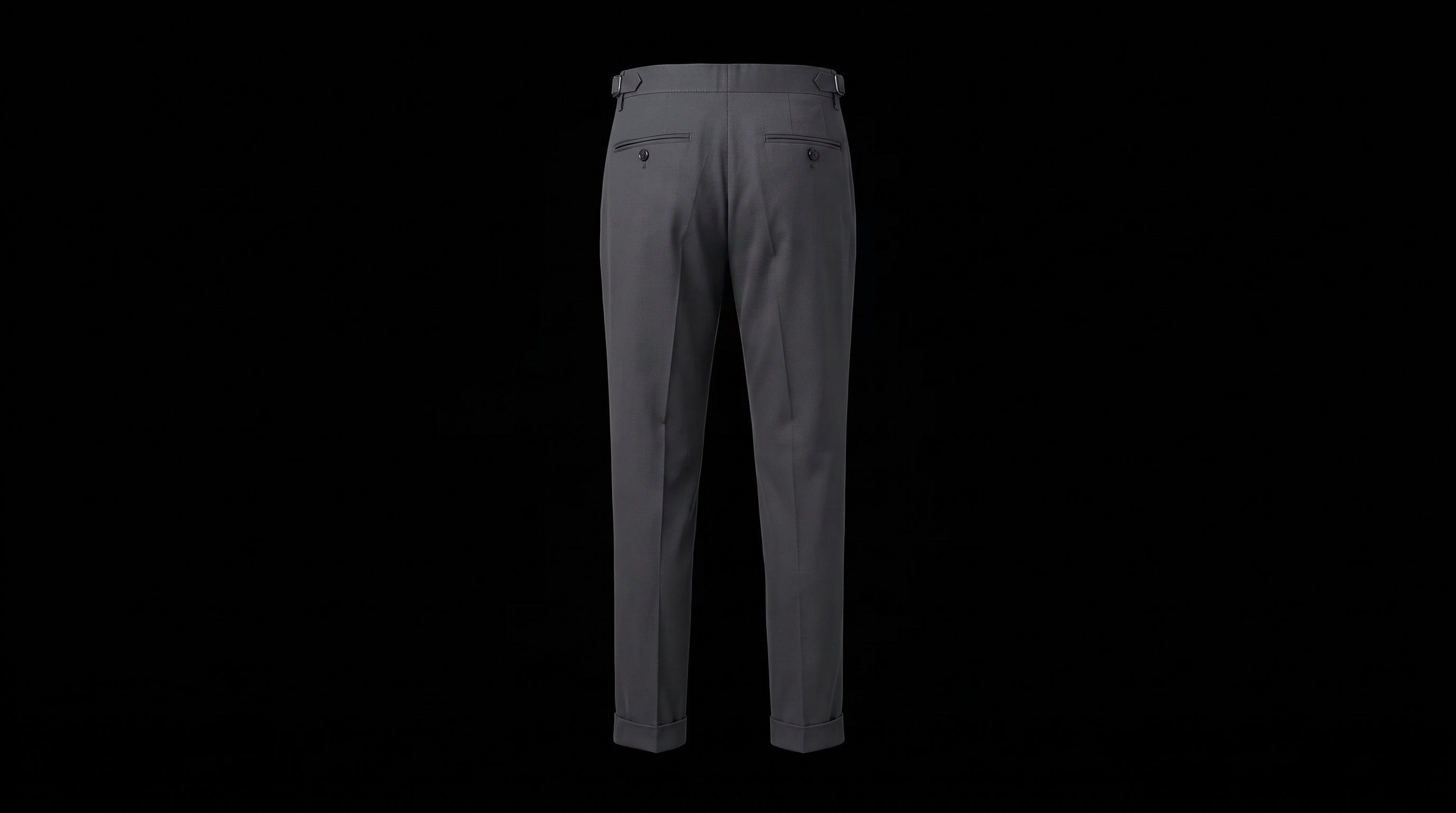 Back view of the same charcoal trousers; jetted back pocket and side adjusters