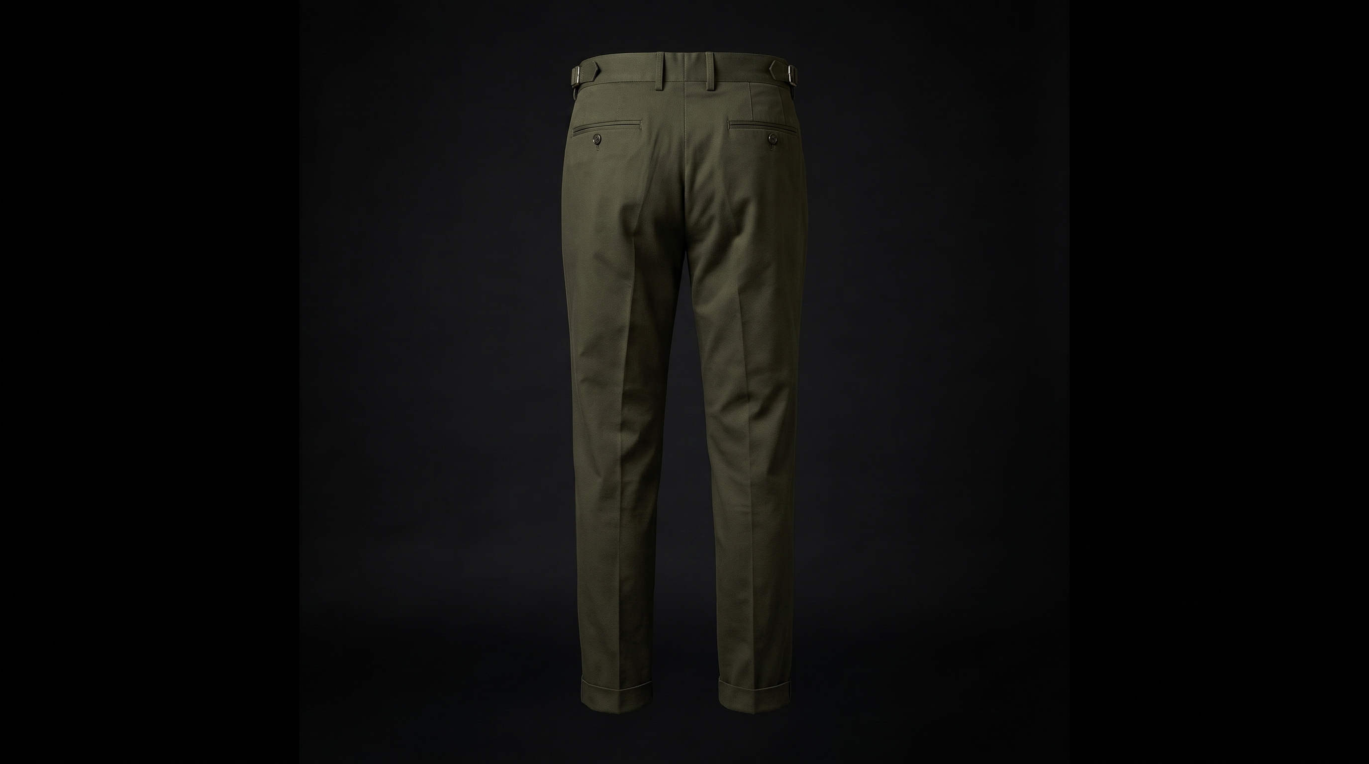 Back view of the same pleated chino; flapped back pockets and double cuff