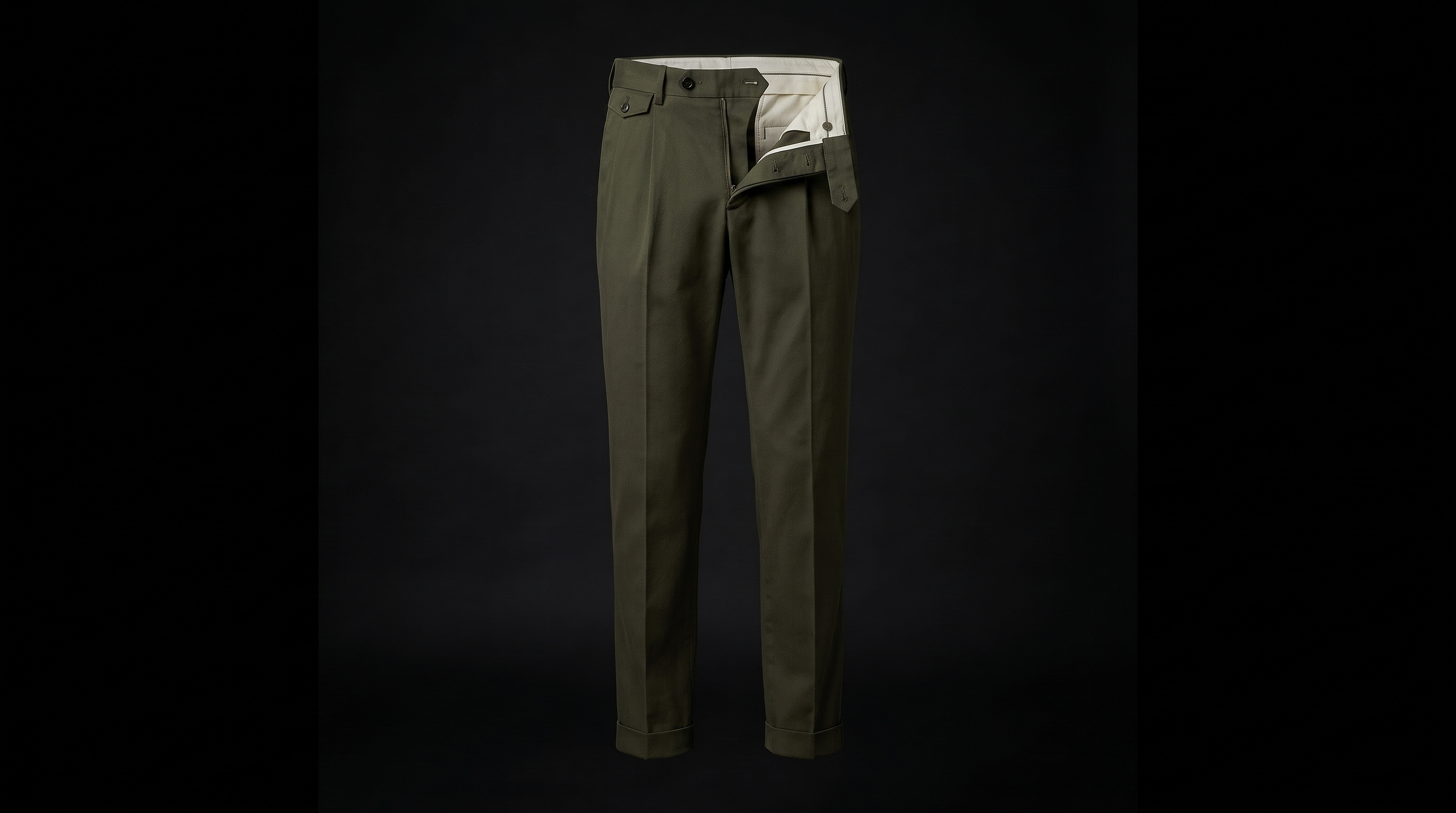 The pleated chino’s extended tab opens and the front panel folds out, revealing the inner waistband and pocket bags