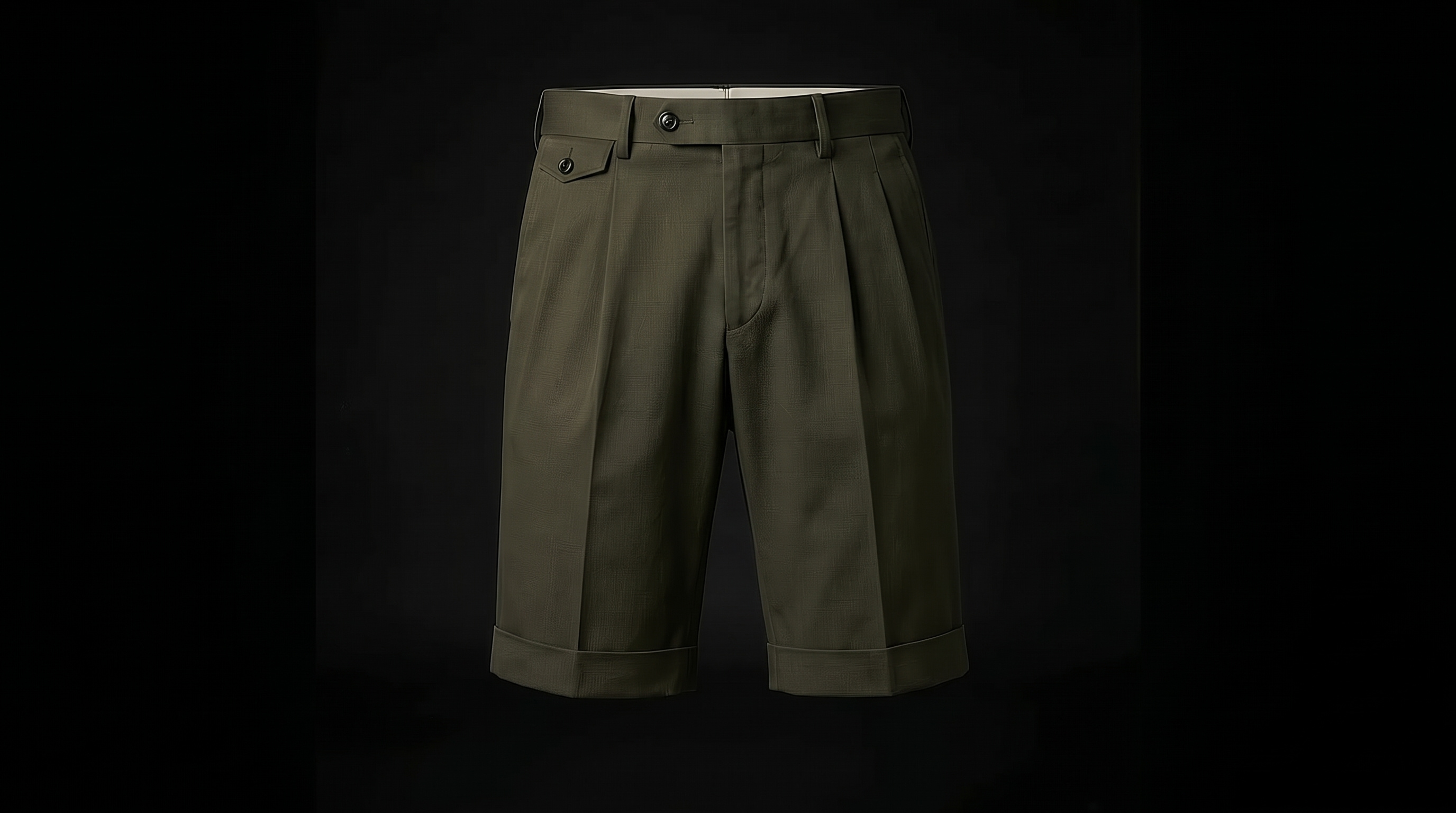 Pleated shorts, olive — front view, closed