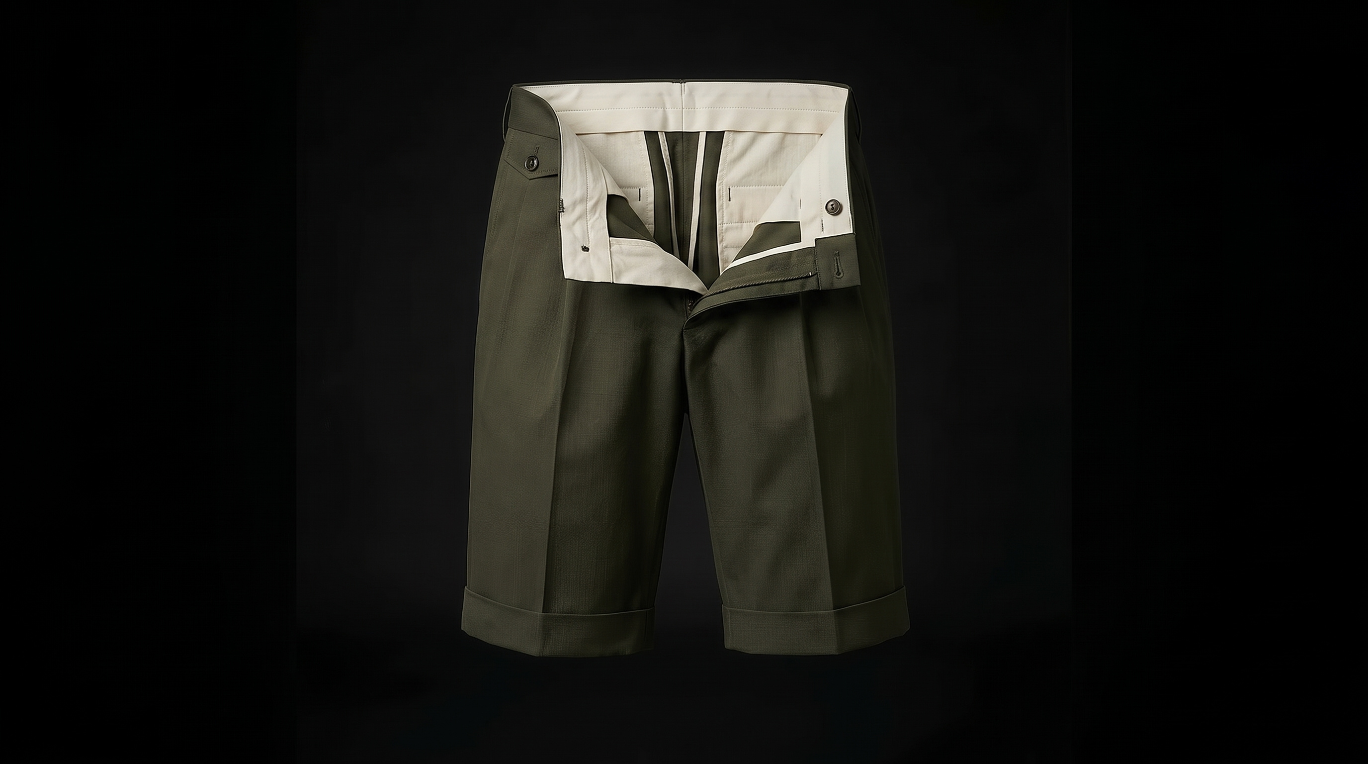 The olive pleated shorts unfasten and the fly folds out, showing the ecru pocket bag
