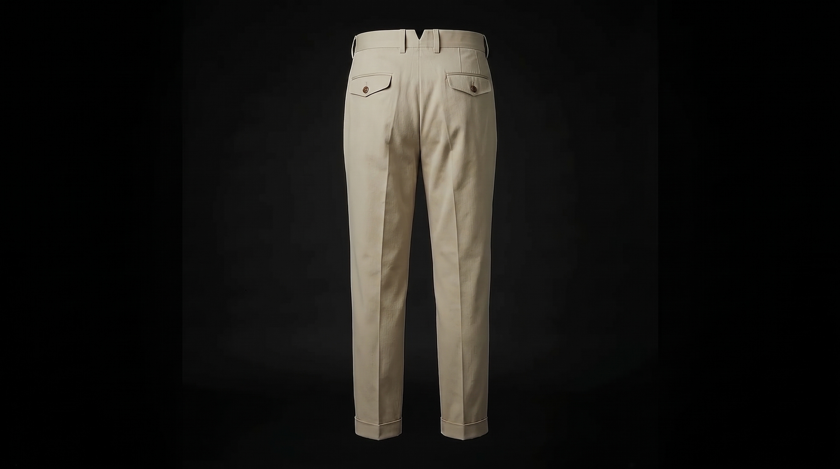 Back view of the same chino; jetted back pocket and wide belt loops