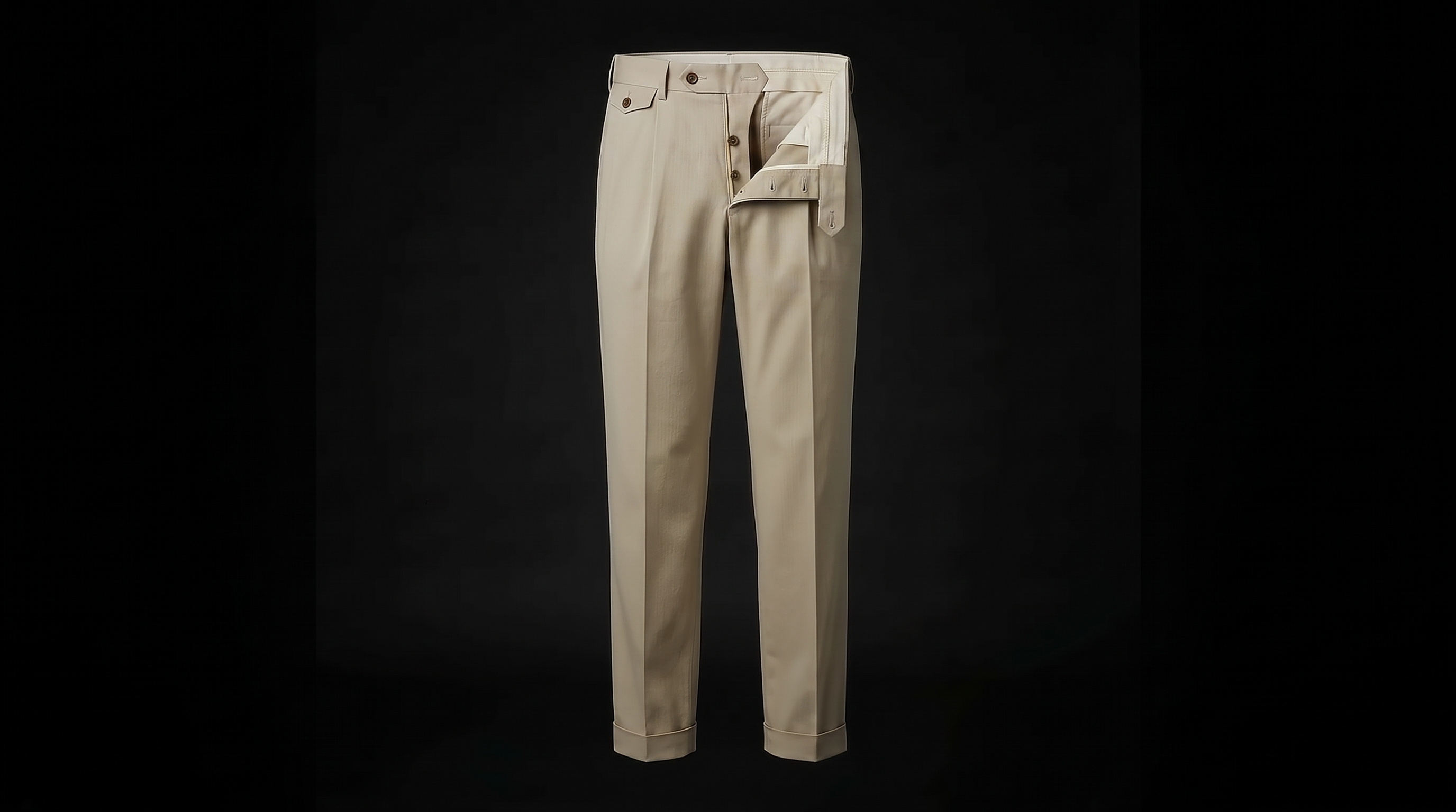 The sand double-pleat chino unfastens and the fly folds out, showing the ecru pocket bag and inner waistband